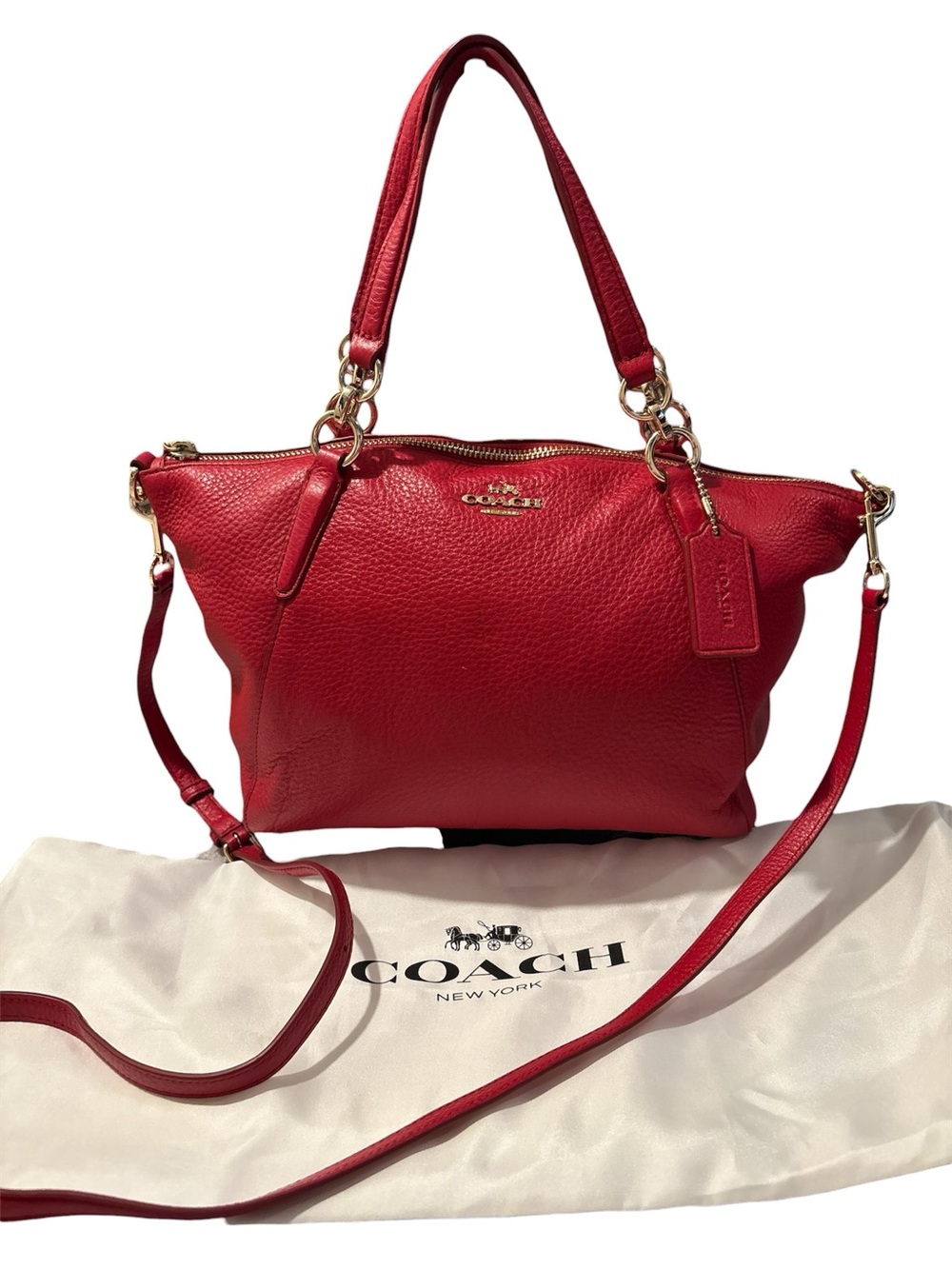 Coach Red Leather Shoulder Tote with Detachable Strap Kelsey Satchel